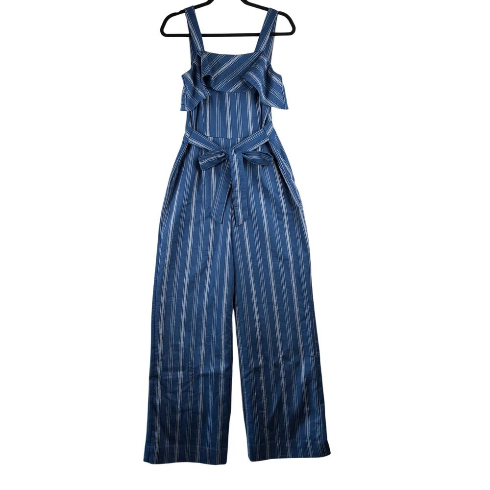 Antonio Melani Linen Blend Wide Leg Jumpsuit Women's 2 Blue Striped Tie Front